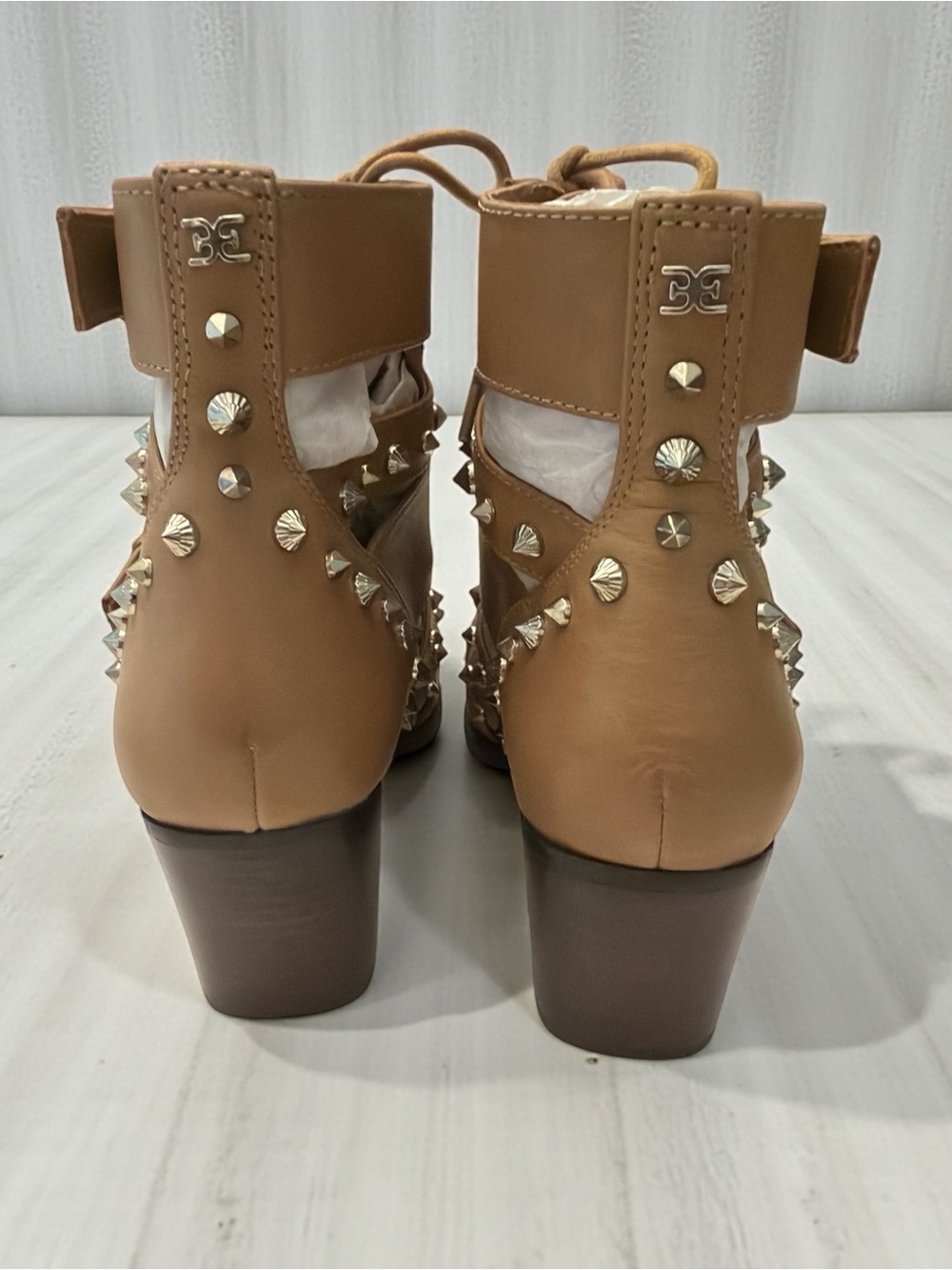 Sam Edelman Cognac Lace-Up Studded Ankle Boots - Picture 6 of 8